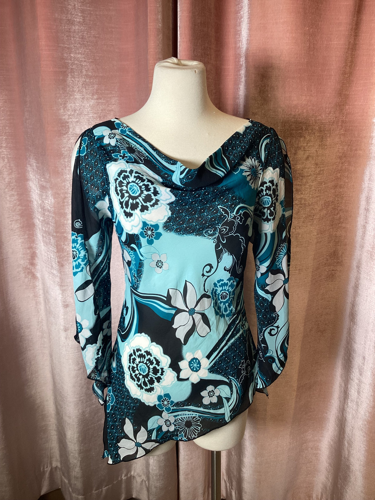 Vintage Y2K floral boho silk Asymmetrical open sleeve cowl neck top- S