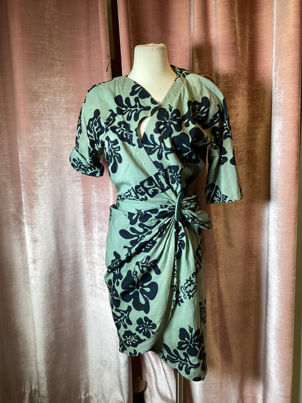 Vintage Mugler Paris 70’s  Hawaiian Print Wrap Sage Green Floral Midi Dress M