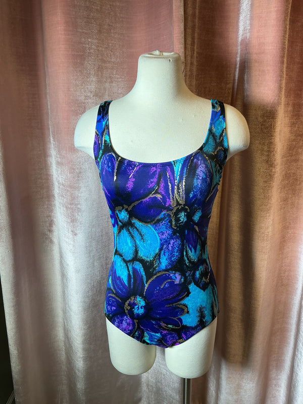 Vintage 90s Floral One-Piece Teal Purple Flower Bathing Retro Swimsuit S