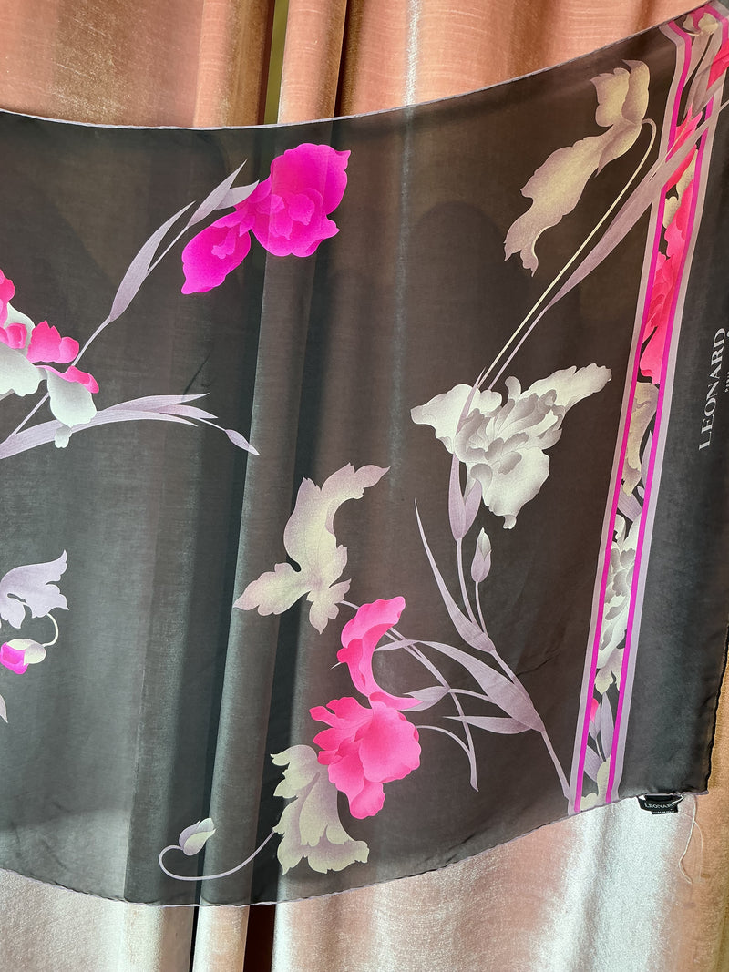 Vintage Y2K Leonard Paris Floral Print with Pink and Grey Irises silk scarf