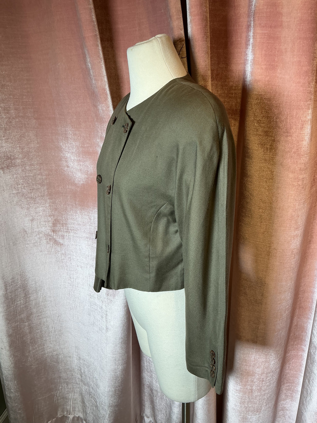 Vintage 80s Olive Green Cropped Double-Breasted V-Neck Button-Up Power Shoulder Blazer M