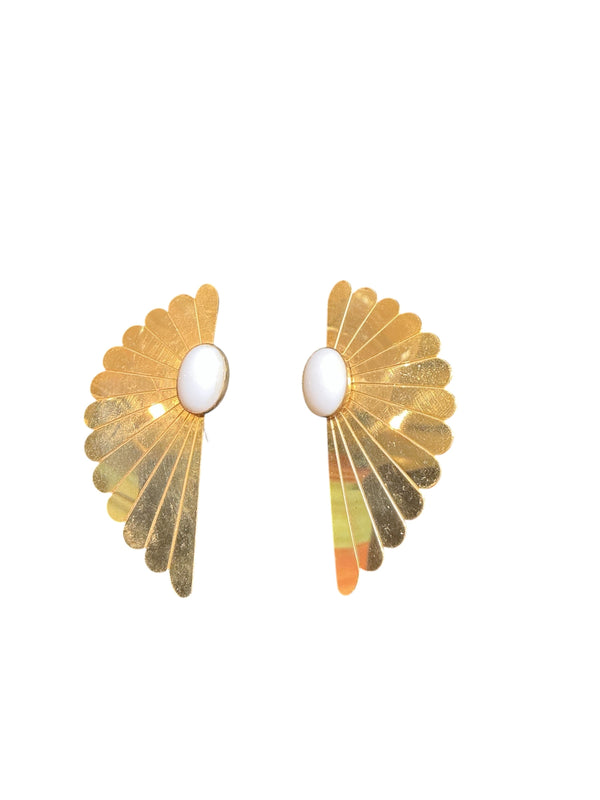 Vintage 80s gold plated brass butterfly wing Inca Egyptian white cabochon earrings