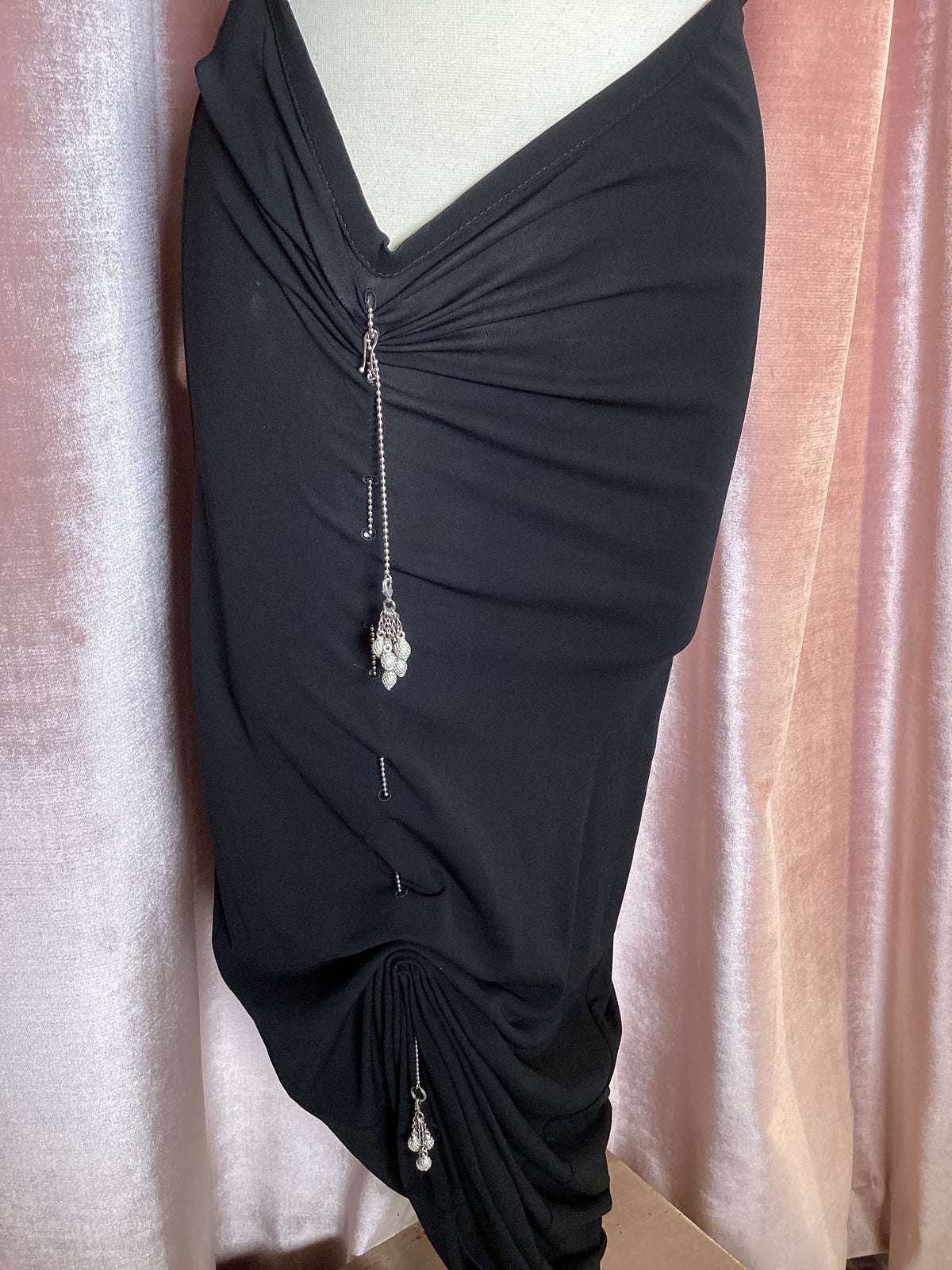 Vintage 90s y2k Jean Paul Gaultier tribal chain drawstring ruched jersey black maxi skirt Medium