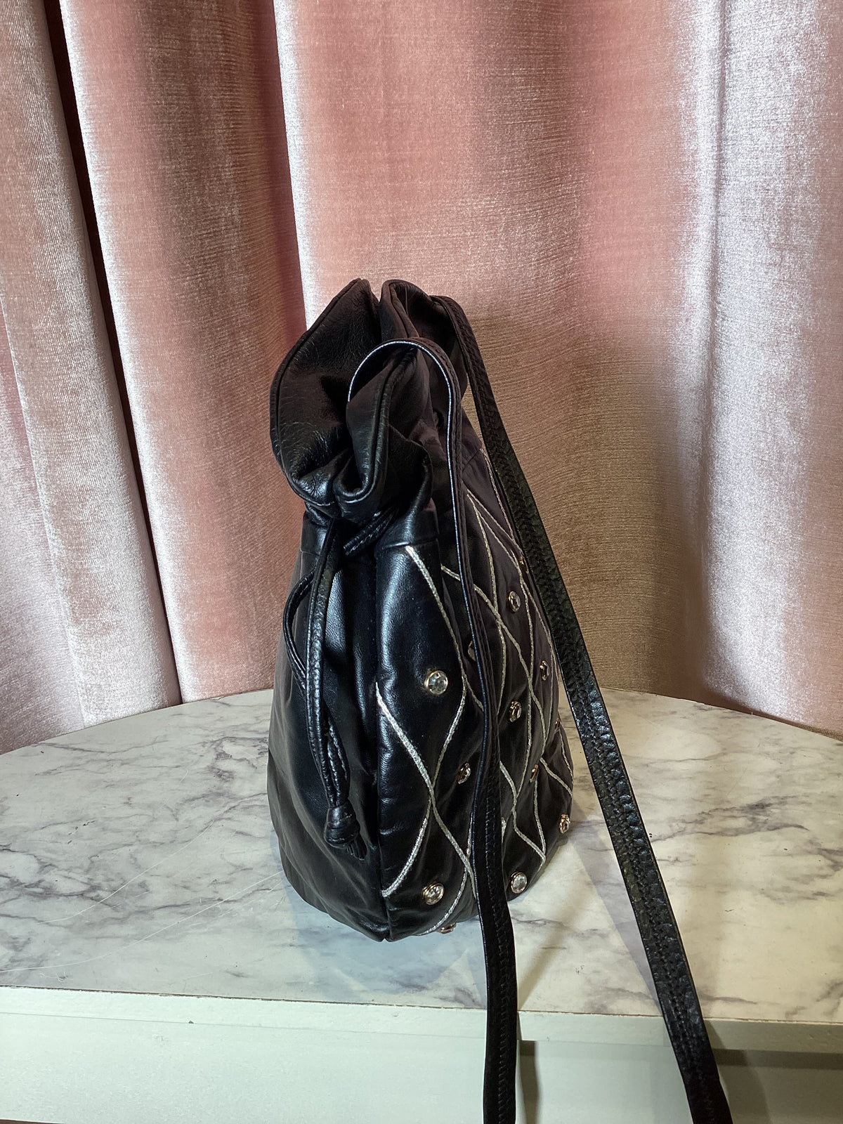 Vintage 1980s Leather Drawstring rhinestone Cross body Bag