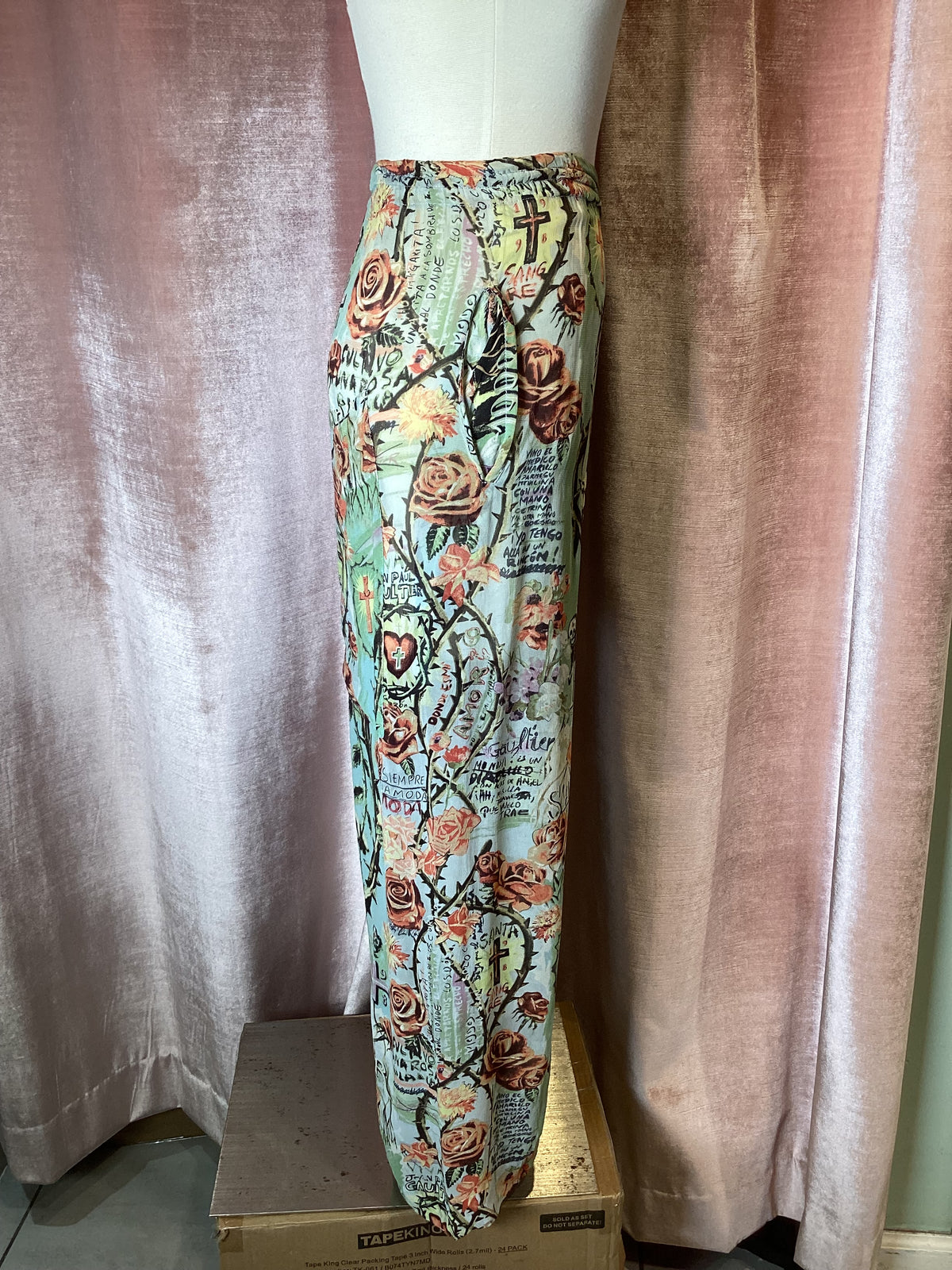 Vintage y2k 90s Jean Paul Gaultier female figure heart roses printed chiffon wide leg drawstring pants US 10 Large