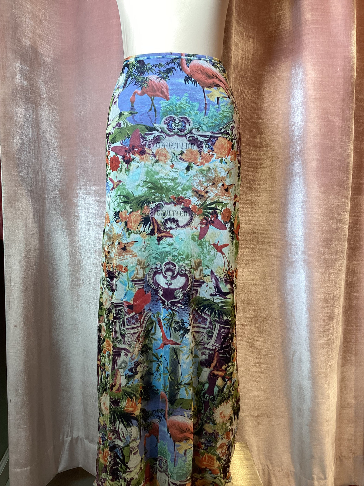 Y2K 1999 Jean Paul Gaultier Soliel Floral Flamingo Photo Print Midi Skirt Medium