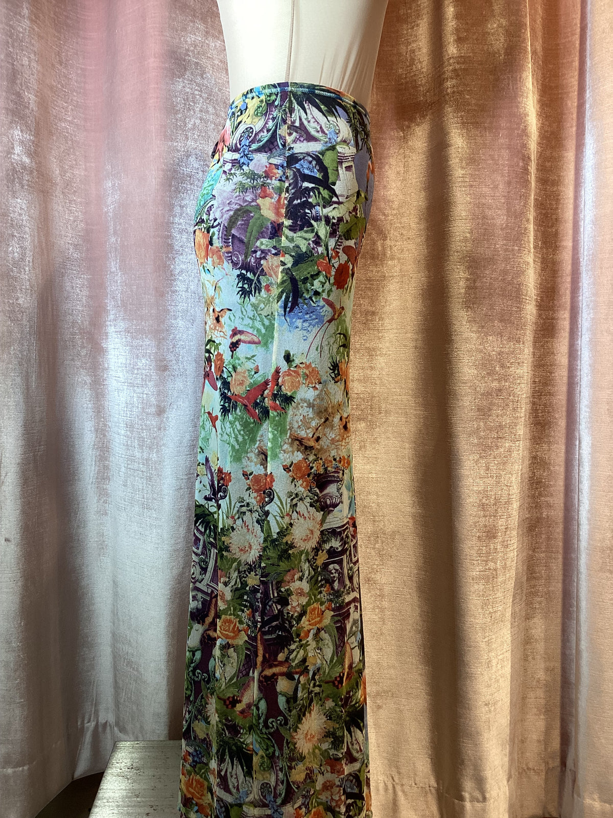 Y2K 1999 Jean Paul Gaultier Soliel Floral Flamingo Photo Print Midi Skirt Medium