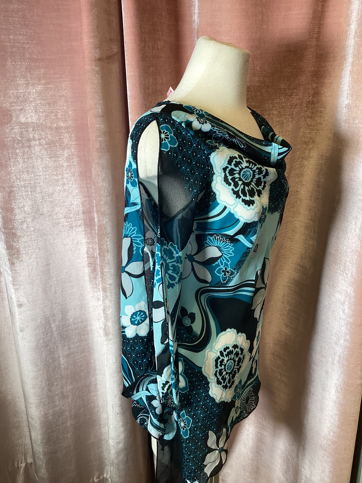 Vintage Y2K floral boho silk Asymmetrical open sleeve cowl neck top- S