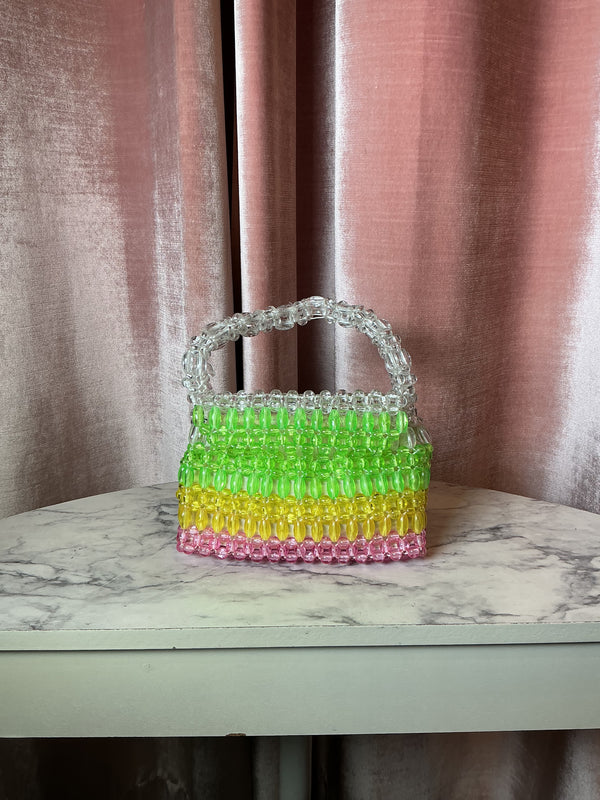 vintage 1960s lucite neon plastic beaded top handle mini handbag