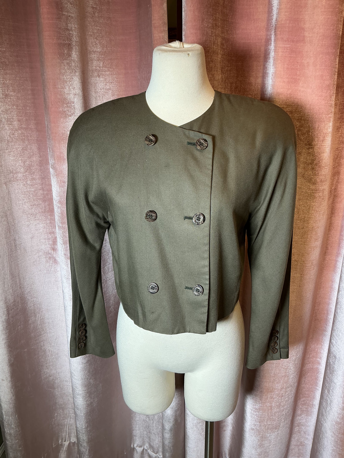 Vintage 80s Olive Green Cropped Double-Breasted V-Neck Button-Up Power Shoulder Blazer M