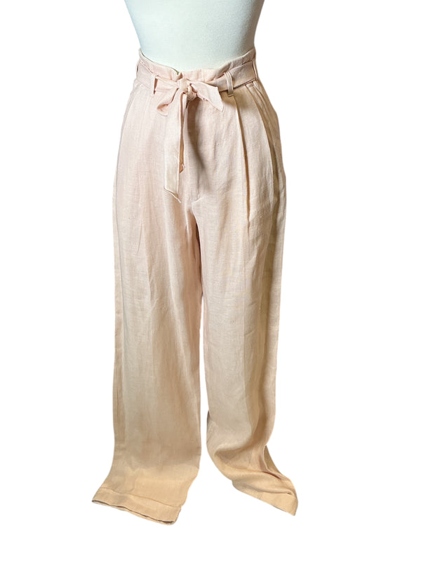 Vintage Ralph Lauren Blush Pink Linen Wide Leg paperbag waist trouser cream pants Flowy trousers S