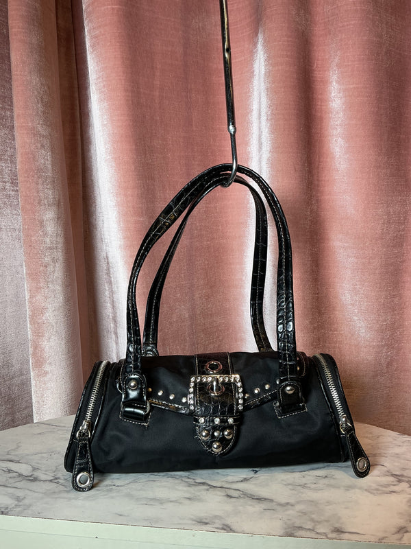 Vintage Y2K inspired buckle faux croc straps edgy rocker style shoulder bag