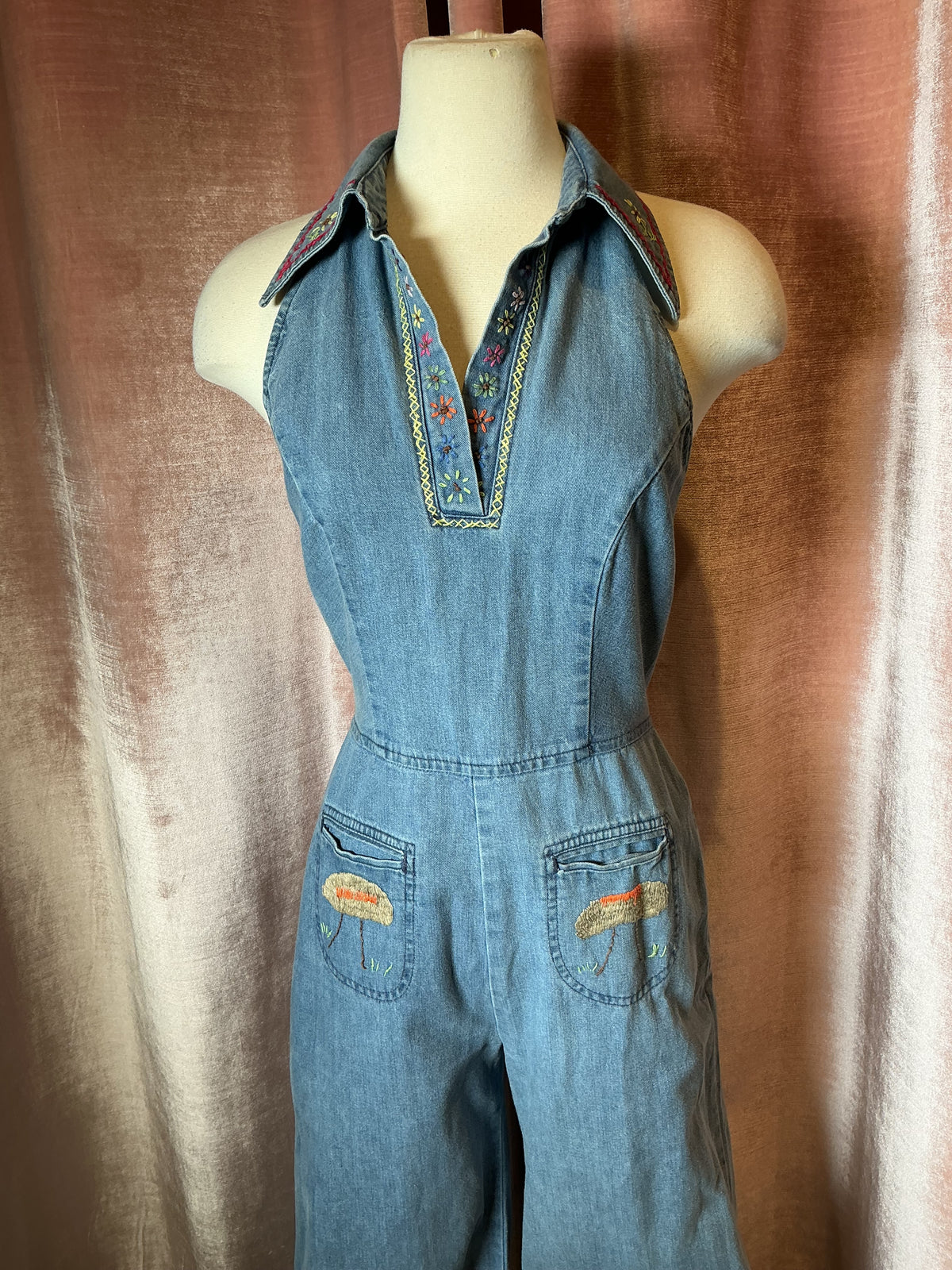 Vintage 1970’s denim collared embroidery hippie Woodstock jumpsuit S