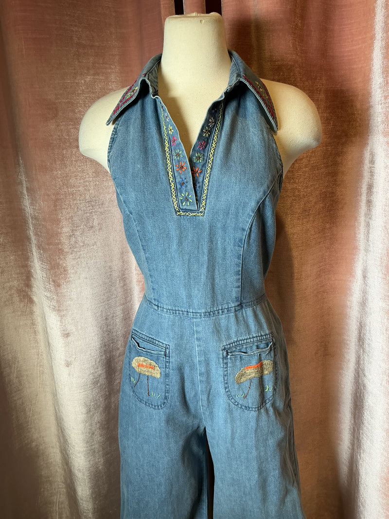 Vintage 1970’s denim collared embroidery hippie Woodstock jumpsuit S