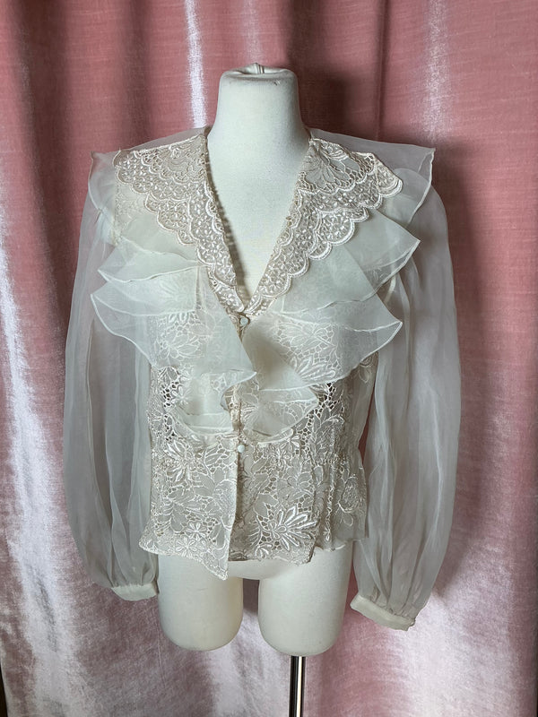 Vintage 70s chiffon Romantic Lace Ruffle Sheer Victorian Style puff sleeve top S/M