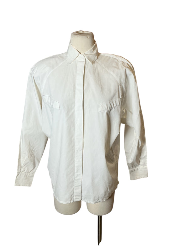 Vintage 80s White Collared Button-Down cotton poplin Long Sleeve Blouse S