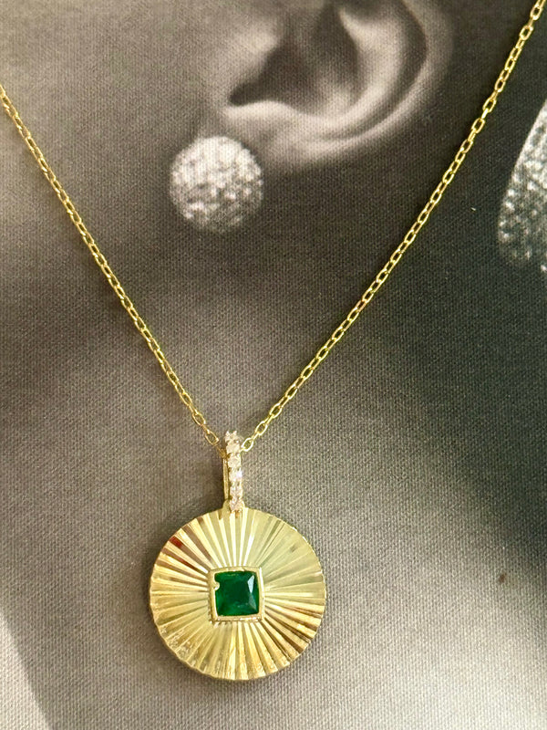 925 Ridged Bezel Gold Plated Emerald Disc Coin Pendant