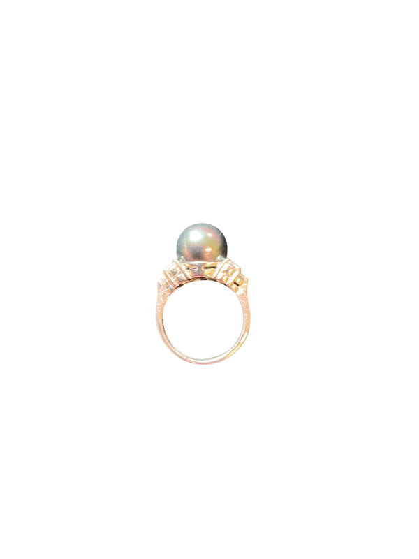 Vintage Tahitian Black Pearl Ring with Diamonds Sterling Silver Pearl Ring 9