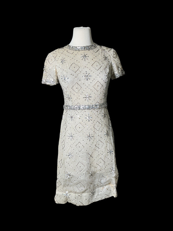 Vintage 1960s Beaded Sequin Ivory White Cocktail Party mini Dress S