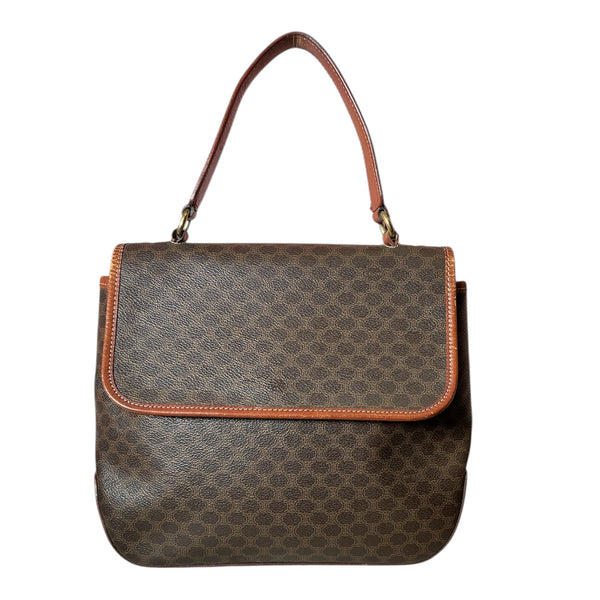 Vintage 90s Celine Triomphe Macadam Coated Canvas Leather Top Handle Flap Handbag