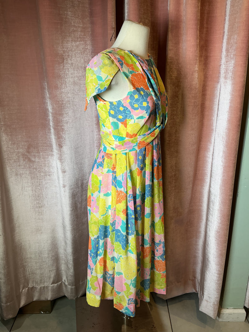 Vintage 1960s Lilly Pulitzer Neon Floral Babydoll Knee Length Dress Small Medium