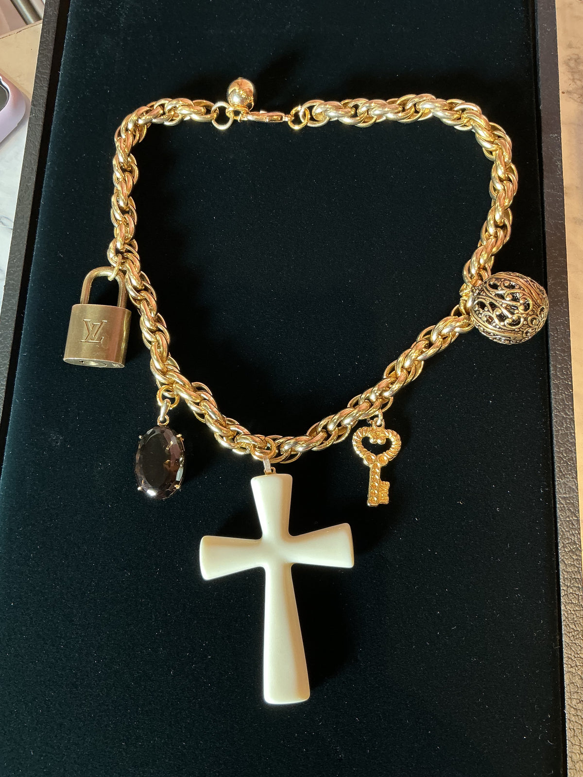 Vintage Upcycled La Sagrada Familia Charm LV Lock Cross Necklace