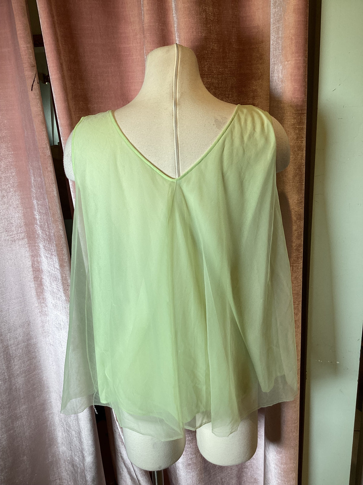 Vintage Lime Green Chiffon Nightgown Top with Lace Detail M