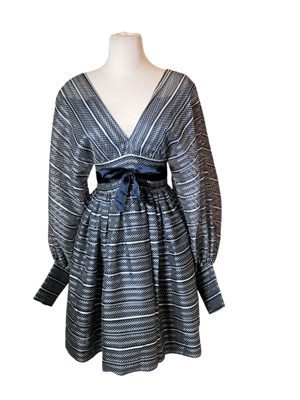 vintage 1960s Geoffrey Beene polka dot chiffon babydoll bow waist long sleeve dress S