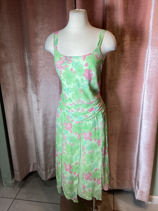 Vintage Y2K IN studio drop waist tropical floral poly chiffon flapper style mini dress