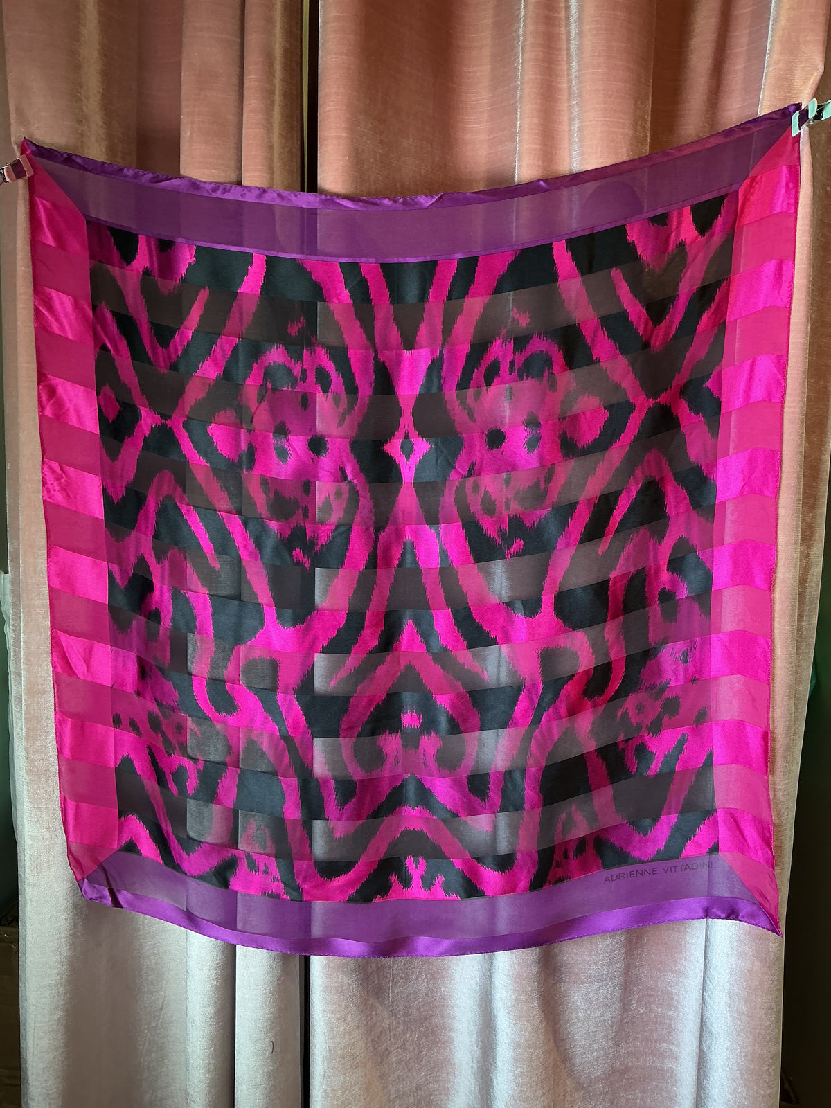 Vintage Y2K Adrienne Vittadini Fuchsia & Black Silk Chiffon Bold Ikat Print silk Scarf