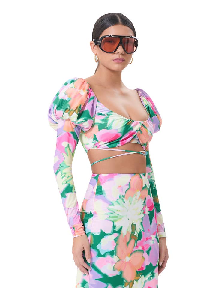 Ryleigh Tie Around Puff Sleeve Floral Crop Top - Spring Blossom