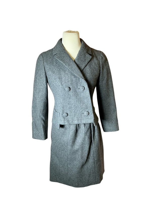 vintage 1960s Christian Dior boxy wool shark Grey double breasted jacket and skirt two piece matching set S