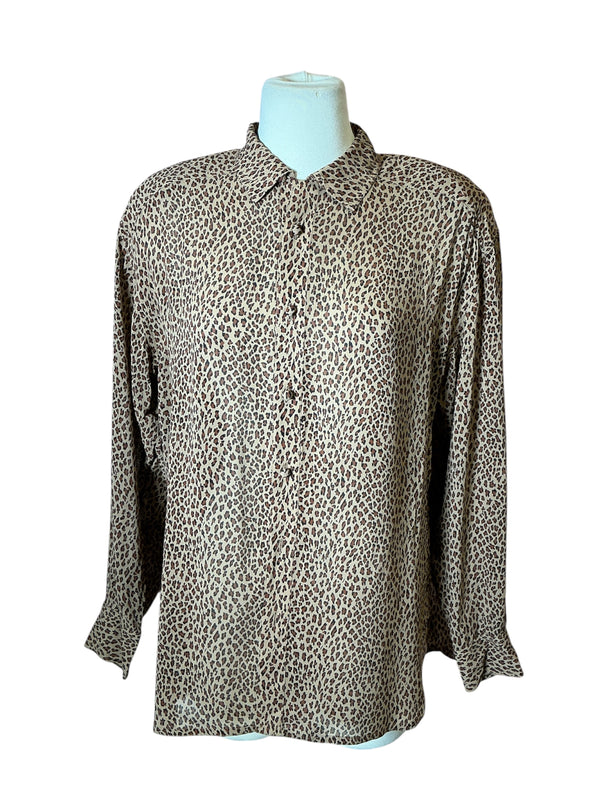 Vintage Anne Pinkerton Leopard Print Blouse - Button Down Long Sleeve Shirt S