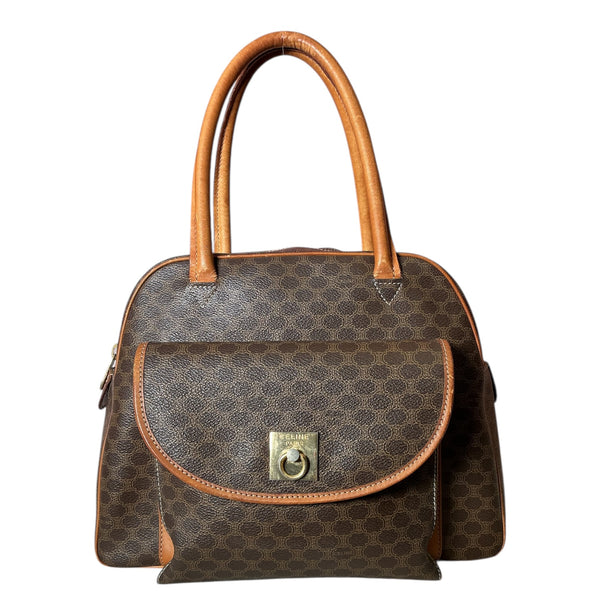 Vintage 90s Celine Triomphe Macadam Coated Canvas Leather Cargo Top Handle Mini Duffle Shoulder Bag