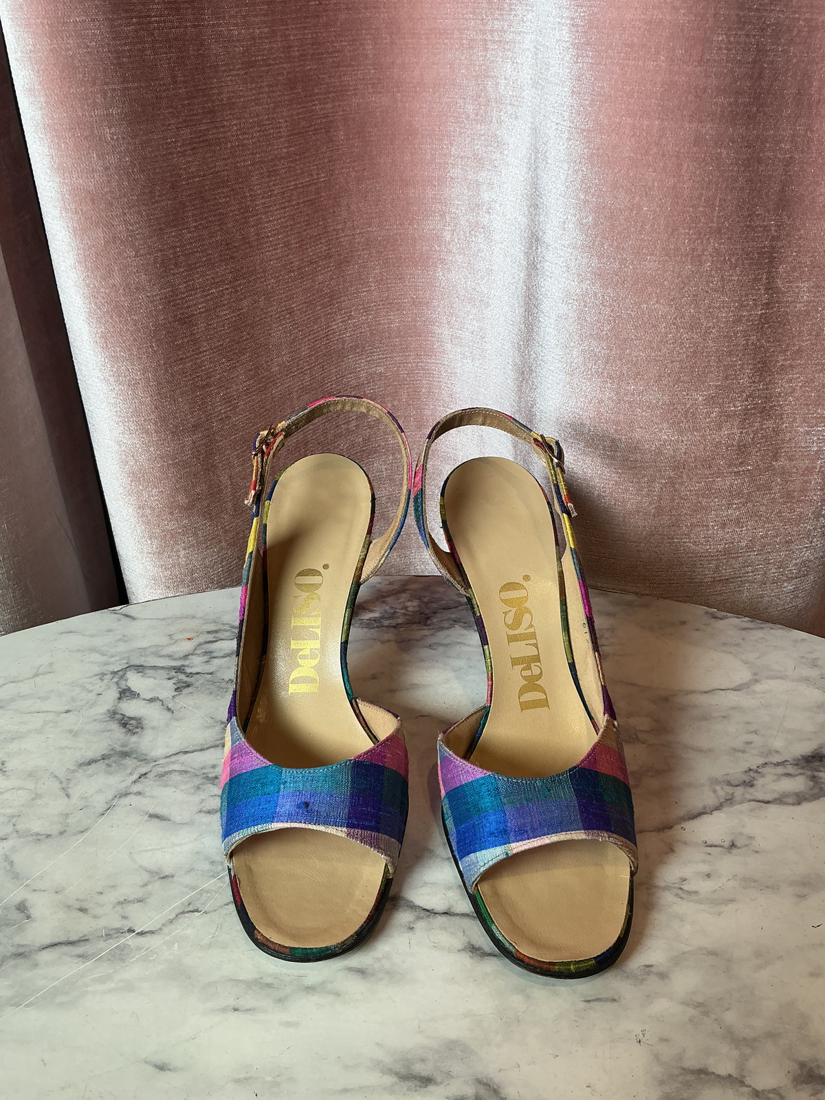 Vintage 1960s Deliso raw silk plaid open toe slingback hi heelb 6/6.5