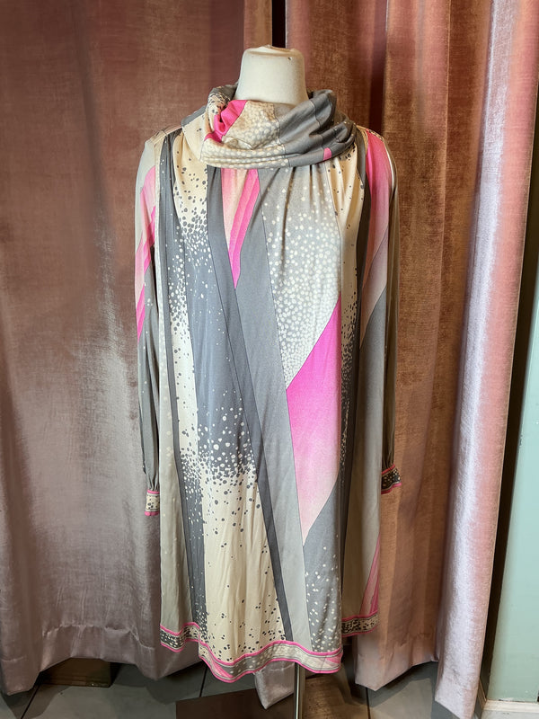 Vintage 70s Leonard Aline Mod Cowl Neck Abstract Geometric Print Midi Dress XL