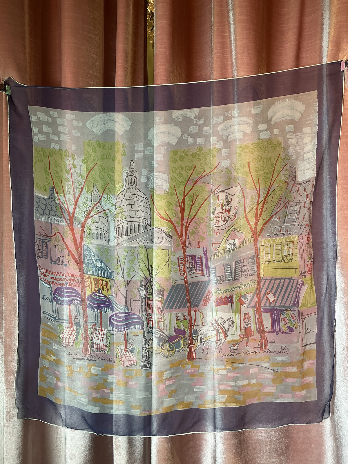 Vintage Y2K Paris Street Scene Hand-Rolled French Cityscape silk scarf