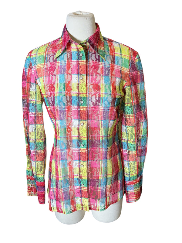 Vintage y2k Christian Lacroix Jeans Neon Plaid Lace Snap Button Western 70s Top medium