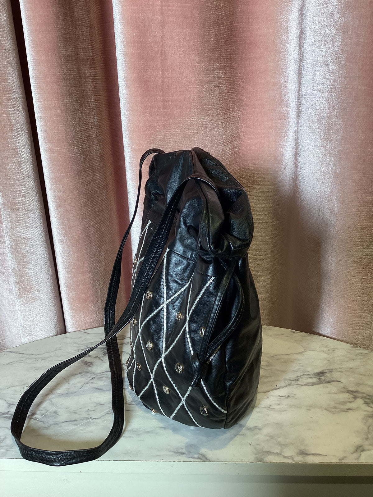 Vintage 1980s Leather Drawstring rhinestone Cross body Bag