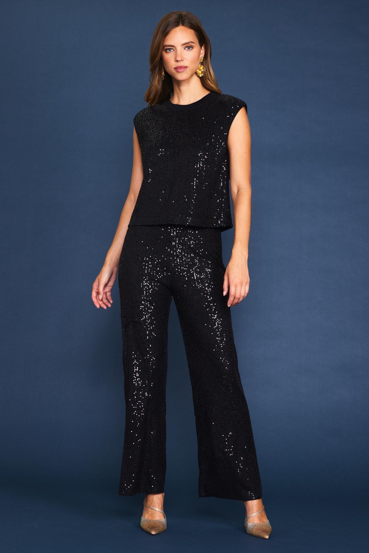 Lara Sequin Wide Leg Pants - Black