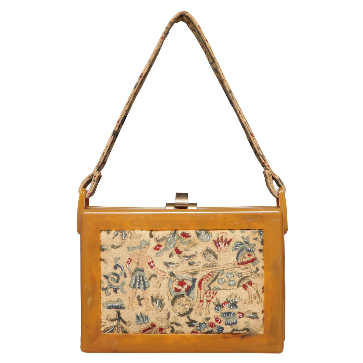 Vintage 1940s Bakelite Frame Box Tapestry Fabric Bag