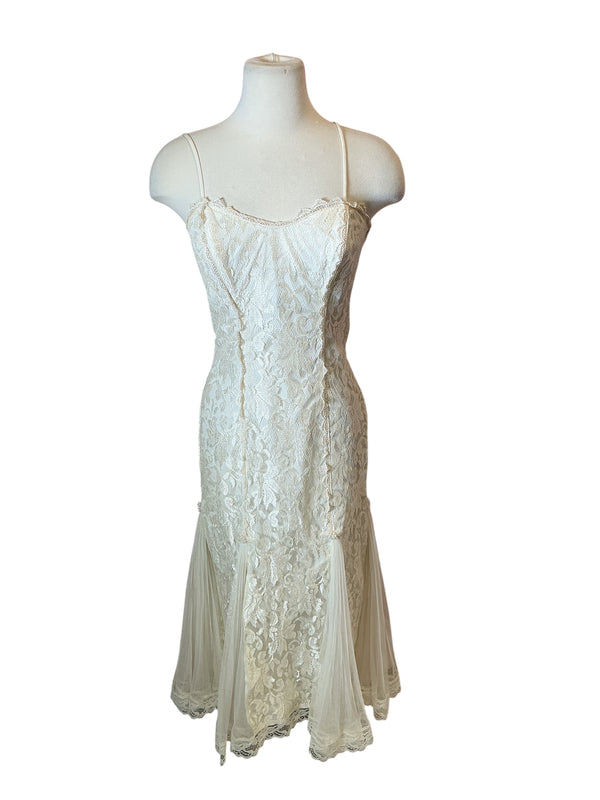 vintage 1980s lace pleated chiffon bridal wedding dress S