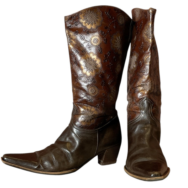 Vintage floral embossed Ferrarias leather brown pointed toe cowgirl cowboy boot size 7.5