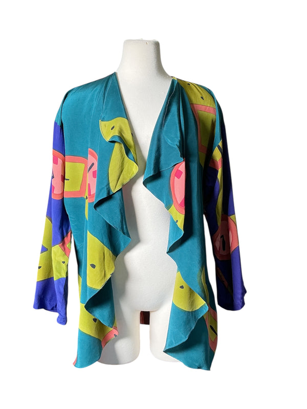 Vintage 1980s silk clock novelty print blazer duster top M