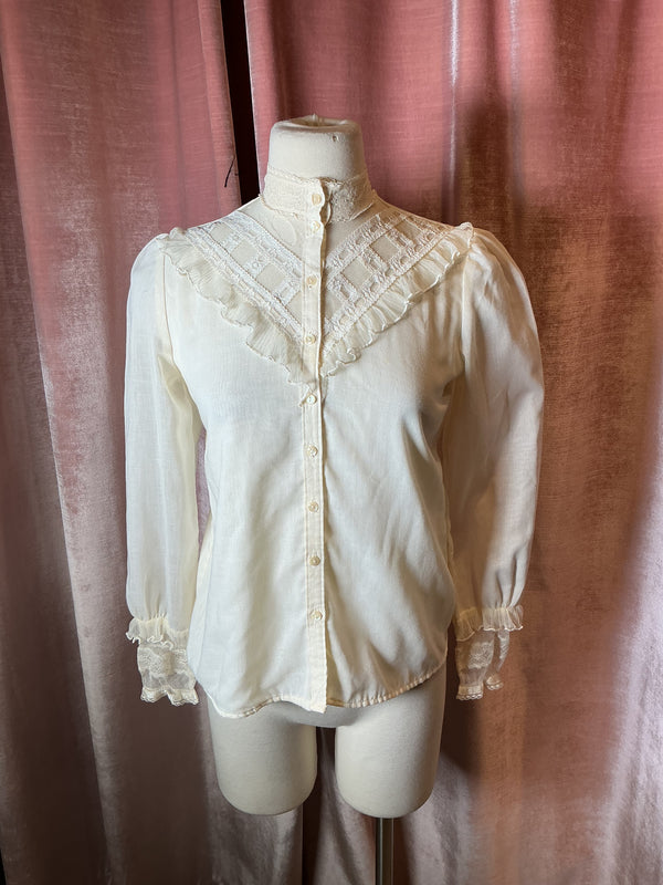 Vintage 70's  Gunne Sax by Jessica Prairie Victorian Style Gauze Lace Trim Blouse