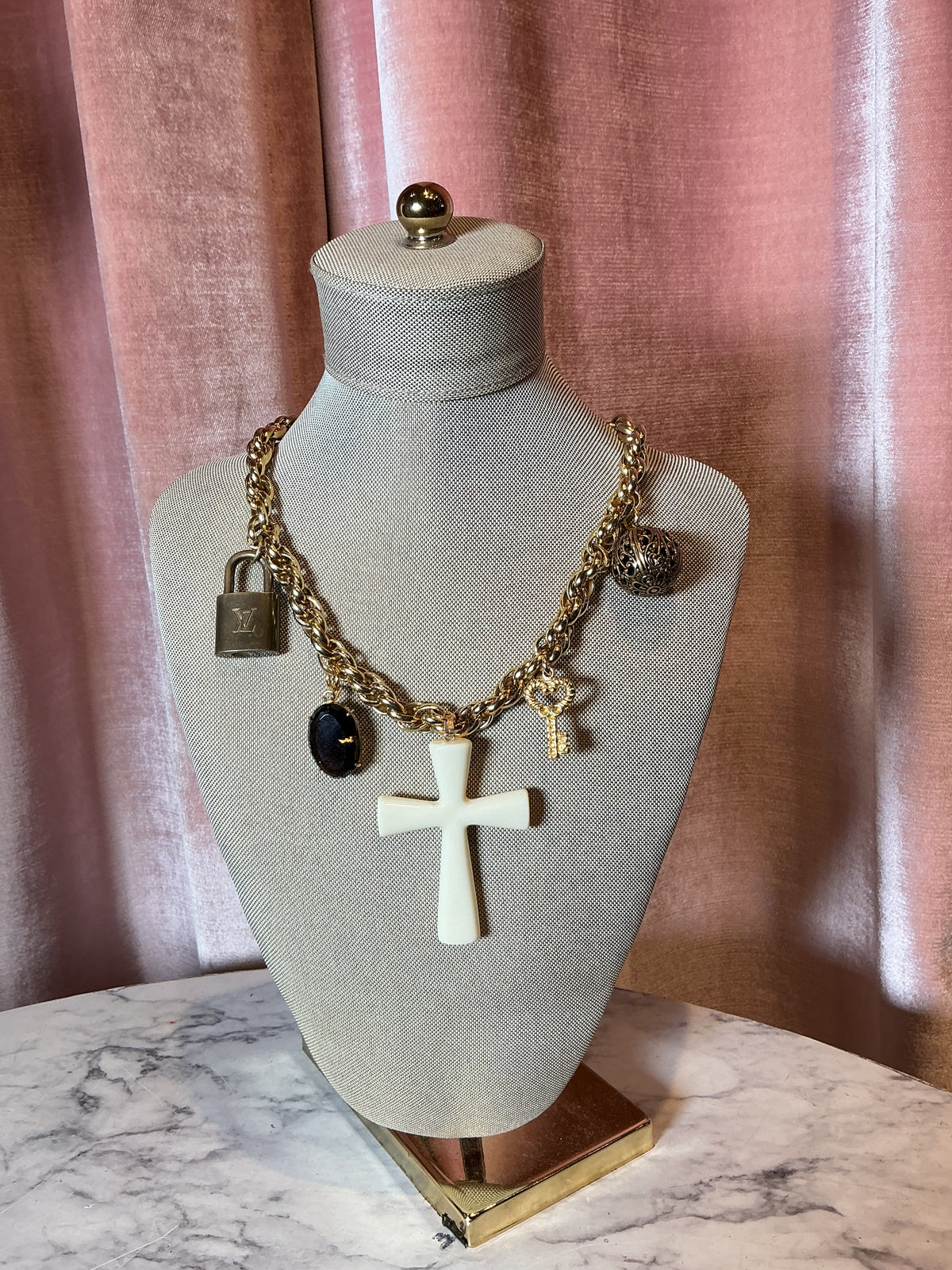 Vintage Upcycled La Sagrada Familia Charm LV Lock Cross Necklace