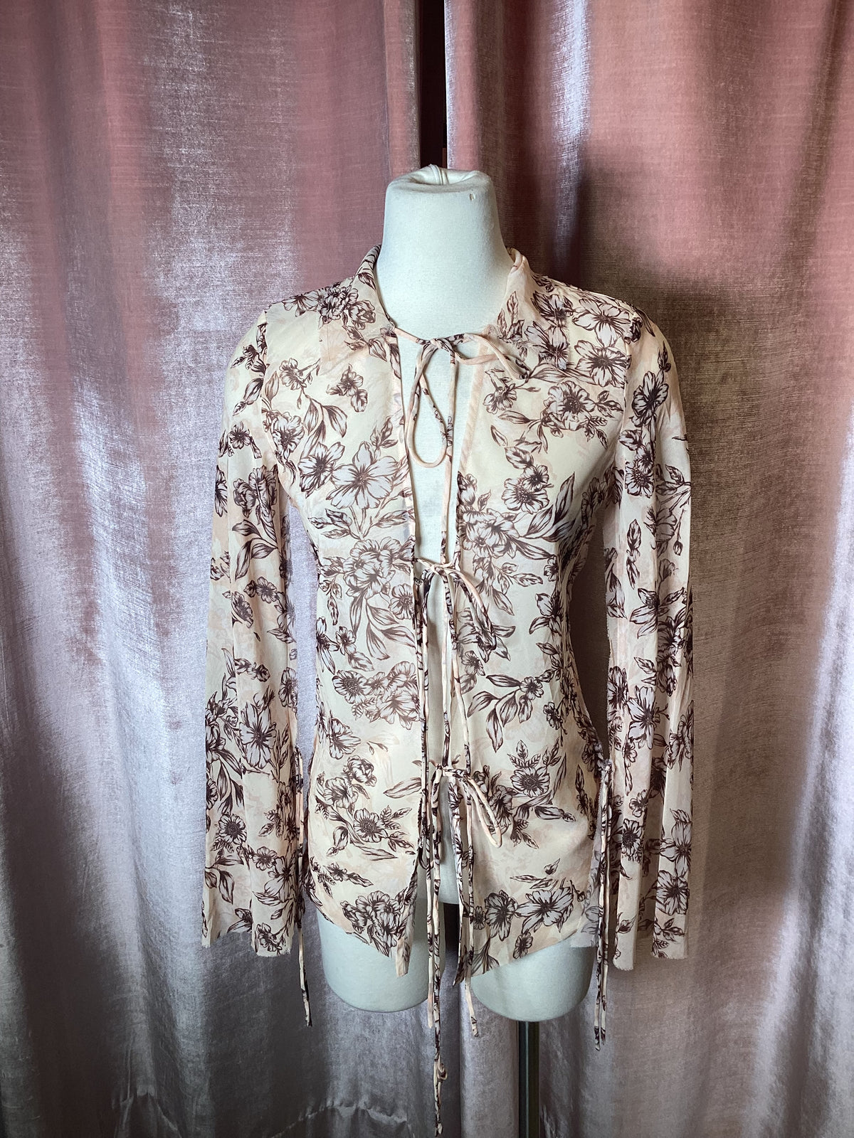 Vintage Y2K sheer floral tie collared bell Sleeve boho blouse-S