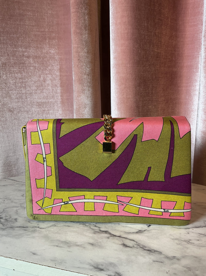 Vintage 1970s Emilio Pucci Colorful Silk Leather Geometric Print Buckle Clutch Bag