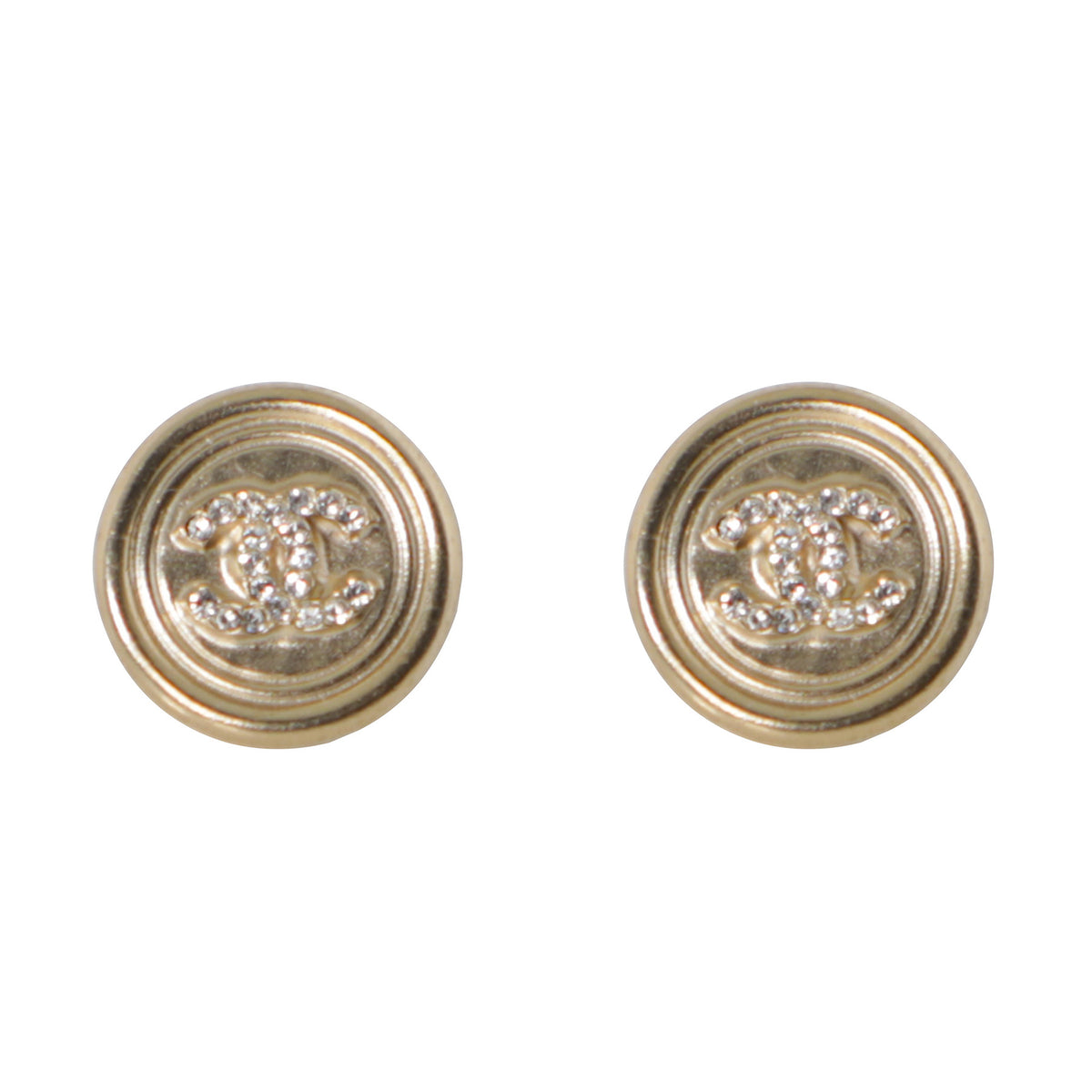 Chanel Circle Rhinestone Pave CC Logo Gold Post Earrings
