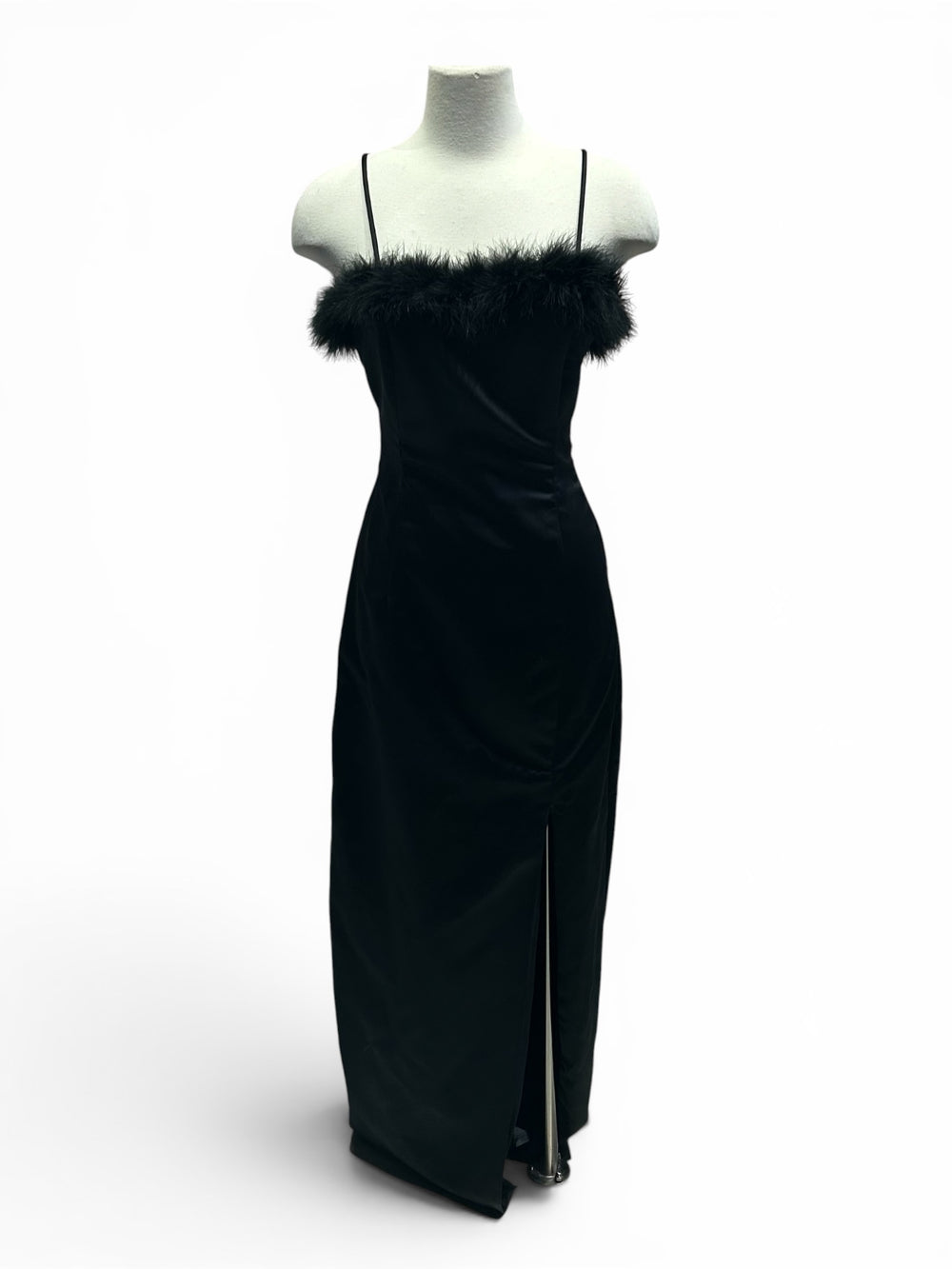 90s feather dress size XS/S 90s vintage feather trimmed maxi evening dress, Slinky long silhouette